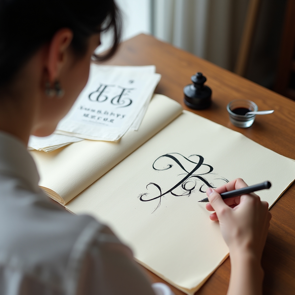 Kalligraphie mit Feder und Tinte auf strukturiertem Papier