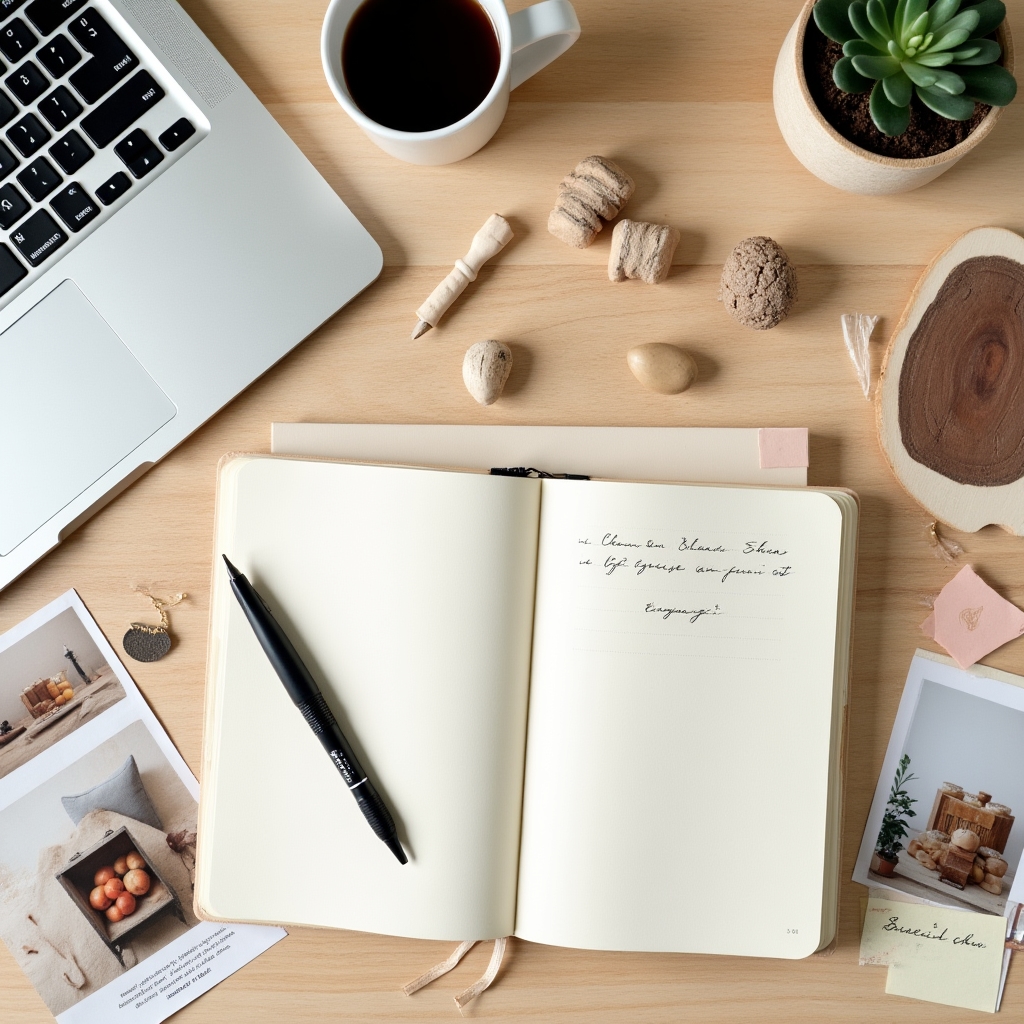 Arbeitsplatz des Redaktionsteams mit Notizbüchern und Handwerksmaterialien